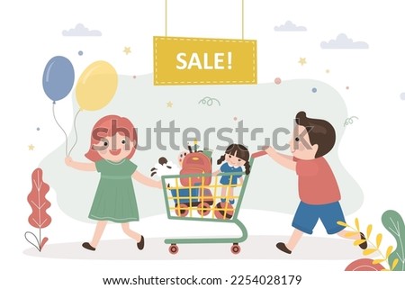 Funny children is pushing cart full of toys. Flash sale, discounts in toy store. Cute boy and girl bought lot of various cheap toys. Friends in supermarket. Flat vector illustration