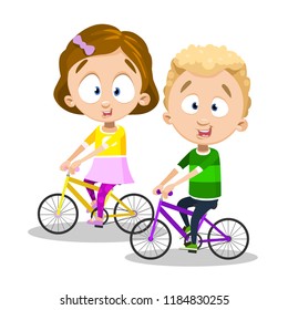 Funny children riding bicycles. Happy childhood and kids friendship. Playful girl and boy cycling outside together. Cute kids on bikes. Sport game and summertime activity isolated vector illustration.