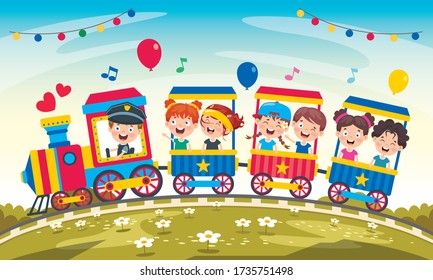 Funny Children Riding On The Train