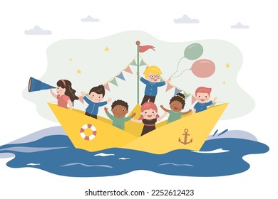 Niños divertidos navegando en un barco de papel. Los niños juegan, imaginan, amistan. Los niños juegan a marineros o piratas. Una infancia feliz y alegre. Un grupo de niños multiétnicos tienen juegos divertidos. ilustración vectorial