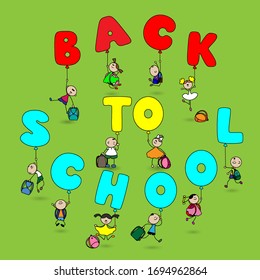 Funny children with school backpacks and balloons in the form of letters.  Schoolchildren together make up words from balloons-back to school. Flat vector illustration
