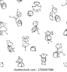 Funny children with school backpacks. Flat monochrome semless vector illustration. Templates under the mask is not cropped and can be edited. 
cropped and can be edited


