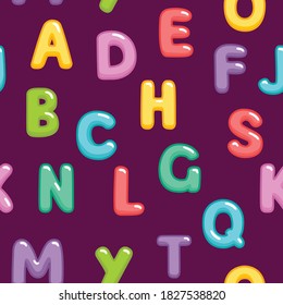 Funny children seamless pattern with color letters. Colorful alphabet on a lilac background. Vector illustration.
