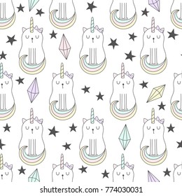 Funny children seamless pattern with cute cat with unicorn horn on white background. Vector illustration.