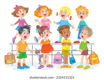 Funny children sing in the school choir . Four little girls and four boys stand together. In cartoon style. Isolated on white background. Vector flat illustration.