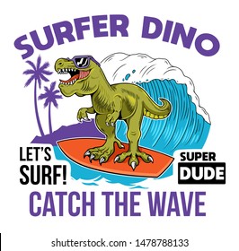 Funny children T-REX Tyrannosaurus Rex surfer dino dinosaur riding on big wave Cartoon character illustration vector Isolated white background for print design t shirt tee clothes sticker poster badge