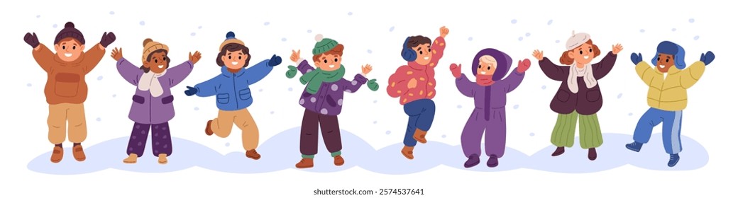 Funny children in winter clothes. Cute smiling kids with warm wears. Happy boys and girls having fun. Preschoolers play outdoors. Jump in snowdrifts. Wintertime outfit