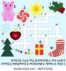 Funny children winter crossword stock vector illustration. Cartoon educational word game with answer below. Cartoon winter holidays crossword for kids in English printable worksheet. One of a series