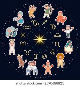 Funny children zodiac circle. Cute kids in astrological signs costumes, baby round horoscope, Aries, Taurus, Gemini, Cancer, round emblem, cartoon flat style isolated vector concept