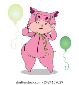 Funny children's animal costumes for boys and girls for masquerade. Pig costume. Flat design vector illustration.