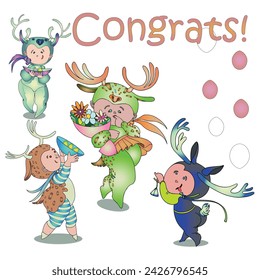 Funny children's animal costumes for boys and girls for masquerade. Deer costume. Flat design vector illustration.