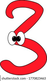 Funny children's colorful bright Alphabet. Arabic numerals. Figure 3. Funny round surprised eyes. Friendly image. Curiosity. A humorous kind image