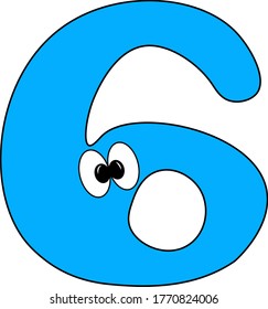 Funny children's colorful bright Alphabet. Arabic numerals. Figure 6. Funny round surprised eyes. Friendly image. Curiosity. A humorous kind image