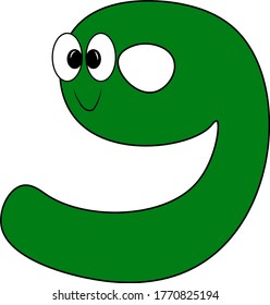 Funny children's colorful bright Alphabet. Arabic numerals. Figure 9. Funny round surprised eyes. Friendly image. Curiosity. A humorous kind image