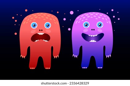 Funny children's emotional monsters in red and purple. Cartoon fantasy characters. Vector flat illustration.