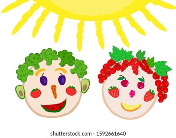 Funny children's faces made of vegetables, fruits and berries.