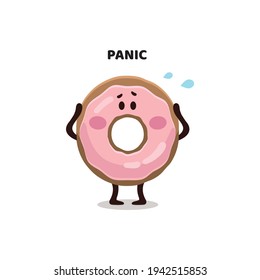 Graciosa ilustración digital plana de niños de un donut glaseado rosado en pánico.  Carácter burro, mascota, ilustración, pegatina.