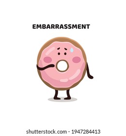 Funny children's flat digital illustration of pink glazed embarrassed donut.  Donut character, mascot, illustration, sticker.