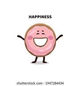 Funny children's flat digital illustration of pink glazed  happy donut.  Donut character, mascot, illustration, sticker.