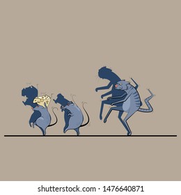 Funny children's illustration with cartoon animals. Mice steal cheese. The cat follows the mice.