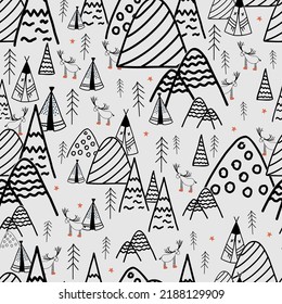 Funny children's pattern. GENTLE MODERN SEAMLESS PRINT With deer and trees