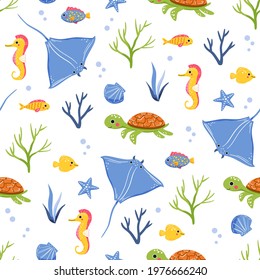 Funny children's pattern with sea animals - stingray, sea turtle, seahorse, fish, corals. Cute childish print with hand-drawn cartoon characters on white background. Kawaii vector illustration