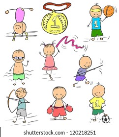 Funny childrens pictures of different athletes. Illustration done in the style doodle.