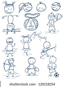 Funny childrens pictures of different athletes. Illustration done in the style doodle.