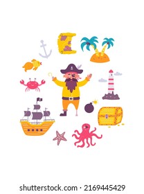 Funny childrens pirate print. Captain with sea inhabitants, ship, map in flat hand drawn style. Design for the design of postcards, posters, invitations and textiles.