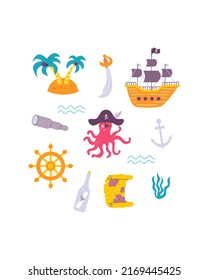 Funny childrens pirate print. Octopus, ship, map in flat hand drawn style. Design for the design of postcards, posters, invitations and textiles.