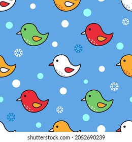 Funny children's seamless pattern with colorful flying birds on blue background