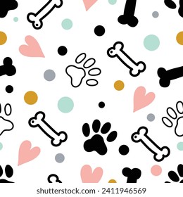 Funny children's seamless pattern. Dog paw and bone. Can be used in textile industry, paper, background, scrapbooking.Vector.