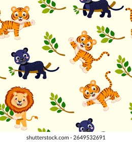 Funny children's seamless pattern wild cartoon animals lion panther tiger on a light background Vector
