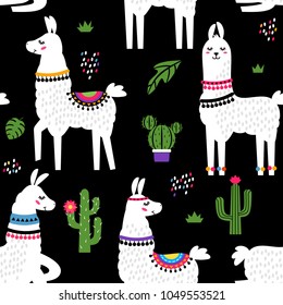 Funny children's textile pattern for printing fabrics. Seamless pattern with llama alpaca, cactus in cartoon style. flat vector illustration isolated on white background