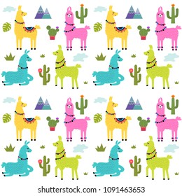 Funny children's textile pattern for printing fabrics. Seamless pattern with llama alpaca, cactus in cartoon style. flat vector illustration isolated on white background