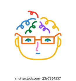 La mano emoticono de un niño gracioso dibujada con lápices de colores. Dibujo multicolor de niño. Avatar de la cabeza del niño con el pelo de Curly. Ilustración vectorial multicolor