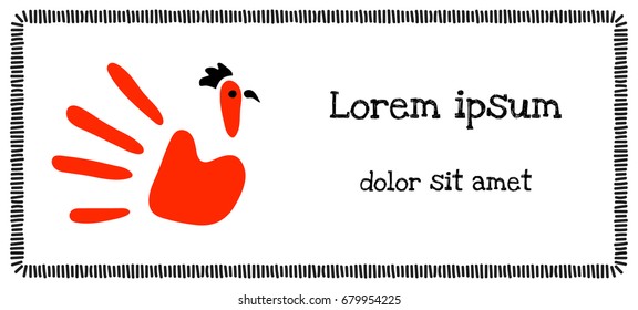 Funny child's hand imprint with a rooster drawing vector illustration