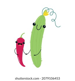 Funny Chili Pepper and Cucumber Vegetable Character with Smiling Face Holding Hands Vector Illustration