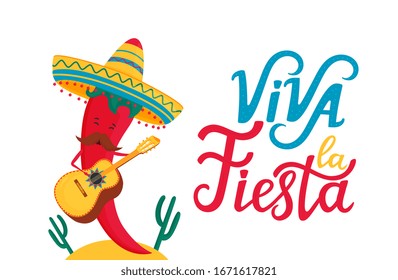 Funny chili pepper in sombrero plays traditional mexican guitar. Viva la Fiesta hand drawn lettering.
