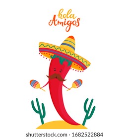 Funny chili pepper in sombrero plays maracas. Local mexican traditional music festival. Hola amigos hand drawn lettering