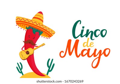 Funny chili peppers in sombrero play guitar. Cinco de Mayo banner. National Mexican holiday.