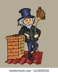 Funny chimney sweep standing on the roof.