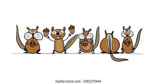 Funny Chimpank family with nuts. Ground Squirrel. Sketch for your design