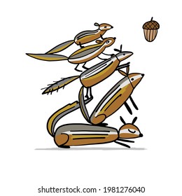 Funny Chimpank family with nuts. Ground Squirrel. Sketch for your design