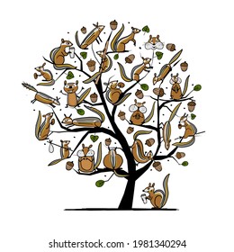 Funny Chimpank family with nuts on Tree. Ground Squirrel. Art Concept for your design