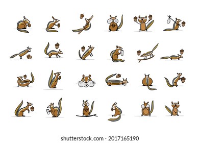 Funny Chimpanks with nuts. Ground Squirrel. Icon Collection for your design