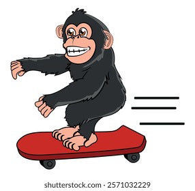 funny chimpanzee practicing tricks on a red skateboard in simple vector style, vector illustration with white background.