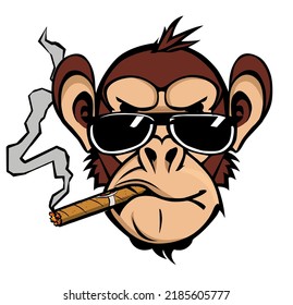 Chimpancé gracioso fumando un cigarro con gafas de sol - ilustración vectorial (ideal para imprimir en tela o papel, afiche o papel tapiz, decoración de casa)