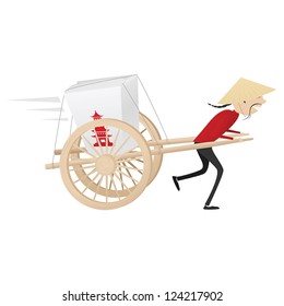 Funny Chinese Food Delivery Boy With Wooden Wagon