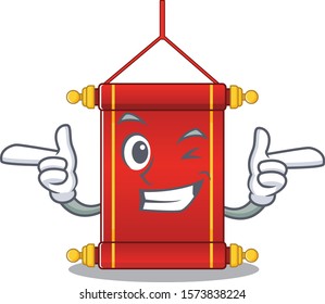 Funny chinese scrolls mascot cartoon style with Wink eye